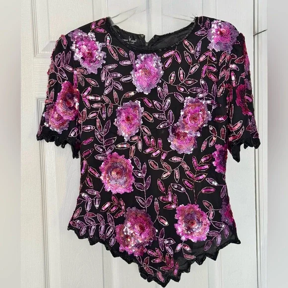 Stunning Vtg Lawrence Kazar Paris~ NY Black Silk Sequin Scalloped Hem Top L - Picture 1 of 5